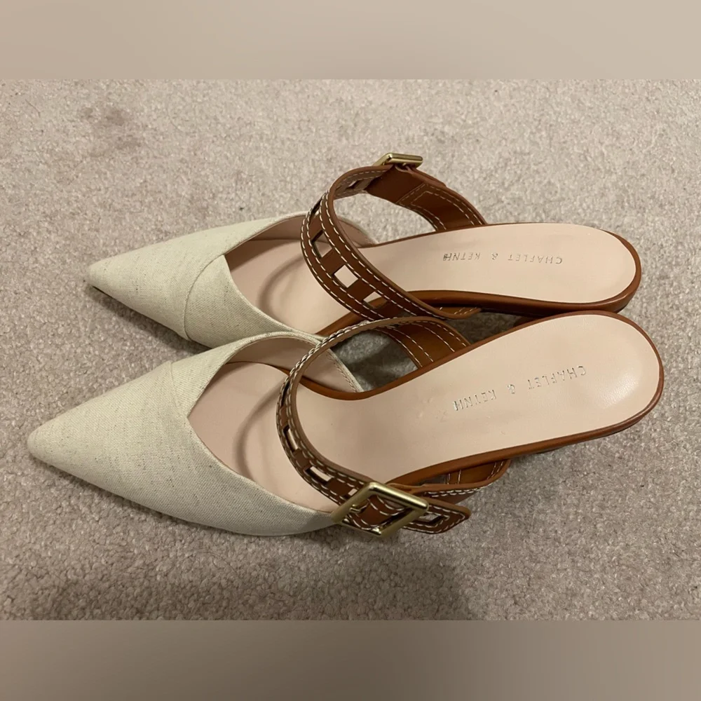 Charles & Keith Beige Pointed-Toe Slingback Heels with Brown Strap - Picture 8 of 10